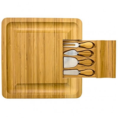 Natural Wooden Bamboo Cheese Board Cutlery Set With Slide-Out Drawer